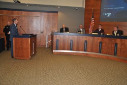 Fargo police chief David Todd speaking before Mayor and city commissioners about Fargo police involvement in no dapl controversy in Morton County - photo by C.S. Hagen