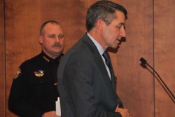 ND lieutenant governor Drew Wrigley and Fargo Police chief David Todd speak at Fargo City Commissioners meeting concering the citys involvement in morton county assisting No DAPL controversy - photo by C.S. Hagen