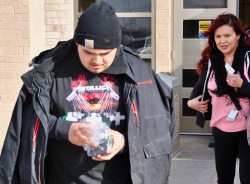 Zebediah Gartner and mother Monica leaving Cass County Jail Friday afternoon - photo by C.S. Hagen