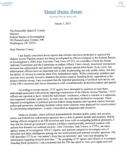 First page of Senator Al Frankens letter to FBI concerning its investigations into No DAPL activists