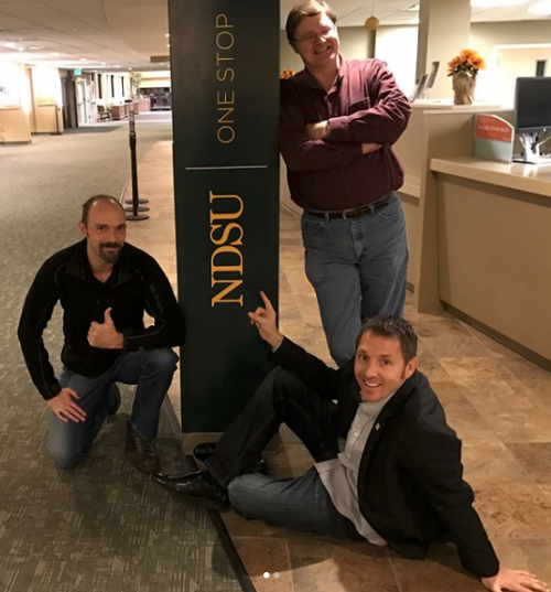 Instagram picture posted by Jake MacAulay on October 18 with Representative Christopher Olson and Lutheran minister Steve Schulz at NDSU