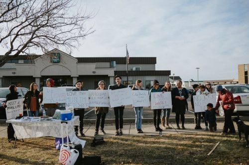 Concerned citizens outside Quality Inn protesting hate speech conference led by Elisabeth Sabaditsch-Wolff Saturday afternoon - photo provided by Lea Black