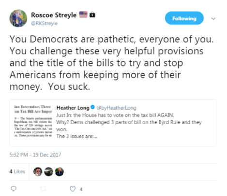 Roscoe Streyle post about the House being required to vote again on tax reform bill December 19, 2017