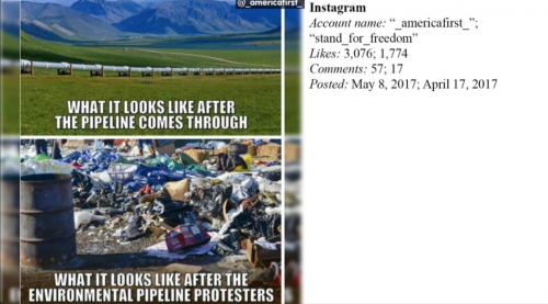 Russian interference with DAPL, picture reporter Amy Sisk took at bottom - Russian social media post - U.S. House Committee report