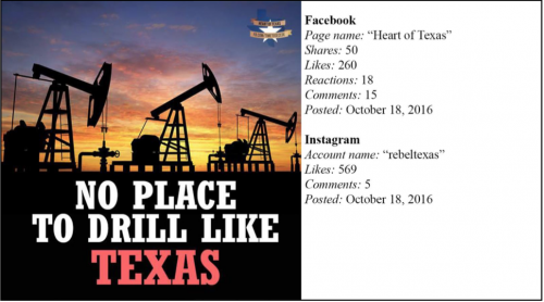 Texas oil Russian interference - Russian social media post - U.S. House Committee report