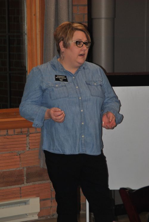 Representative from District 11, Gretchen Dovervich, speaking to Legalize ND - photograph by C.S. Hagen