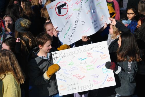 Students displaying the signs they made during the student-led walkout at Ben Franklin Middle School - photograph by C.S. Hagen