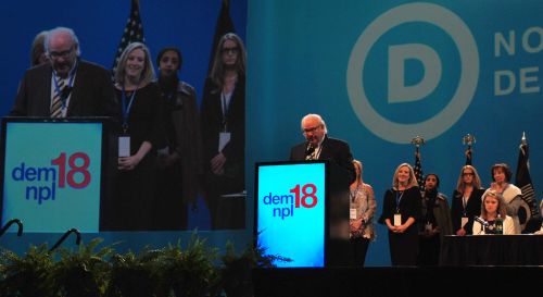 Attorney David C. Thompson adressing the Democratic-NPL Convention - photograph by C.S. Hagen