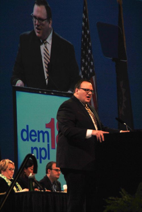 Representative Joshua Boschee speaking for endorsement of the ND Dem-NPL - photograph by C.S. Hagen