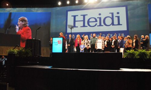 Senator Heidi Heitkamp at the 2018 North Dakota Democratic-NPL Convention - photograph by C.S. Hagen