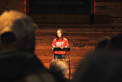 Representative Karla Hanson, District 44, speaking in defense of gun control, background checks, and increasing age limit for gun purchases - photograph by C.S. Hagen