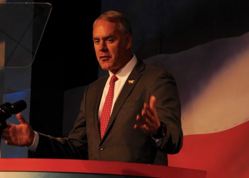 Department of Interior Secretary Ryan Zinke speaking at ND GOP Convention - photograph by C.S. Hagen