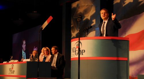 ND Tax Commissioner Ryan Rauschenberger during endorsement speech - photograph by C.S. Hagen