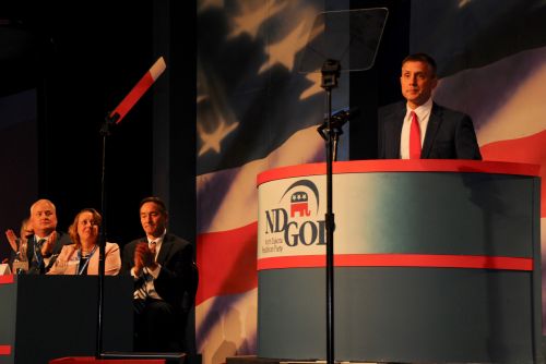 Senator Kelly Armstrong at ND GOP Convention - photograph by C.S. Hagen