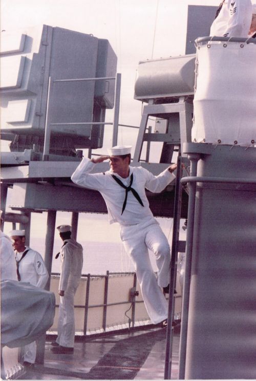 Kevin Shores posing for a picture while aboard the USS Fox in the late 1980s - provided by Kevin Shores