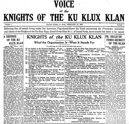 KKK newspaper 1923 with article by North Dakota's Knights of the Ku Klux Klan