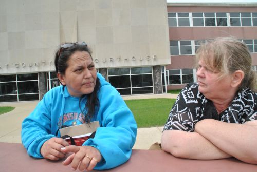 Lissa Yellow Bird-Chase (left) and Linda Anderson during break from the trial of Justin Critt - photograph by C.S. Hagen