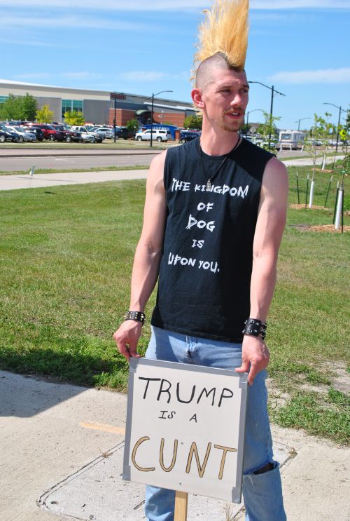 Diogenes Alexander Rex counter protesting outside Scheels Arena - photograph by C.S. Hagen