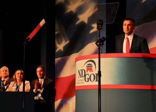 State Senator Kelly Armstrong speaking before the GOP Convention 2018 - photograph by C.S. Hagen