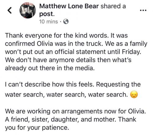 Facebook post from Matthew Lone Bear, brother of Olivia