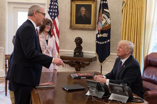 President Donald J. Trump welcomes U.S. Rep. Kevin Cramer, R-ND, joined by his wife, Kris and their son, Abel, to the Oval Office, Tuesday, Jan. 2, 2018, at the White House in Washington, D.C. - official White House Photo by D. Myles Cullen