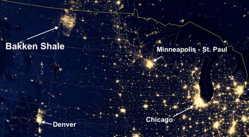 NASA picture of lighted areas in USA with Bakken Shale flaring - photograph provided by NASA