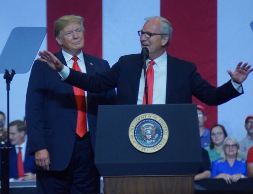 U.S. Congressman Kevin Cramer speaking at President Donald Trump's Rally in Fargo - photograph by C.S. Hagen