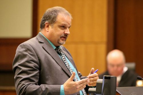 Attorney Daniel James Borgen, of Bismarck, in closing statements - photograph by C.S. Hagen