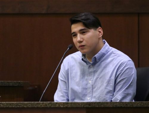 Savanna Greywind's boyfriend, Ashton Matheny, testifying in court - photograph by C.S. Hagen