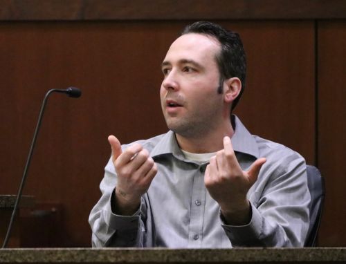 Wiliam Henry Hoehn testifying in court - photograph by C.S. Hagen