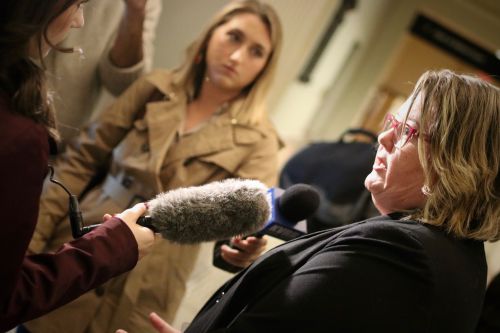 Cass County State's Attorney Leah Viste talks to reporters after verdict is read - photograph by C.S. Hagen