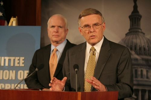 U.S. Senator Byron Dorgan (D-N.D.) makes a point at a press conference announcing legislation he is introducing with Senator John McCain (R-Ariz.) that would establish a Senate Select committee to investigate the causes of the current financial crisis and make recommendations to ensure that a crisis of this magnitude does not happen again. - photograph provided by Dorgan's Senate Office