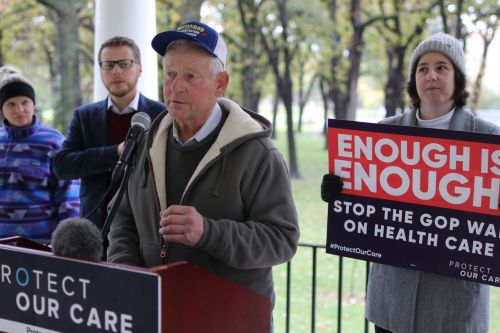 Candidate for state Agricultural Commissioner, Jim Dotzenrod, speaking out about how farmers will be affected by health care issues - photograph by C.S. Hagen