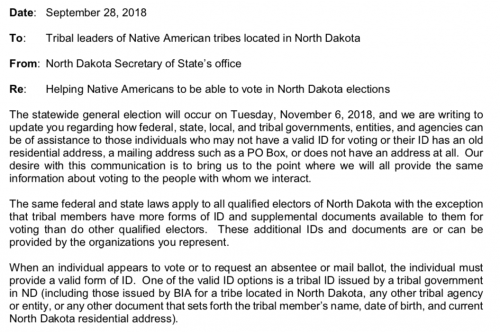 North Dakota Secretary of State email alerting Natives to the law changes on September 28, 2018