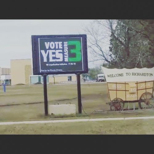 The digital sign at the Lions Club in Richardton displaying Chente Ornelas pro-measure 3 advertisement - photograph provided by Chente Ornelas