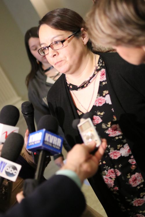 Savanna Greywind's mother, Norberta, speaking to the press after Hoehn's sentencing - photograph by C.S. Hagen