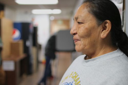 Darlene Chasing Hawk, member of the Standing Rock Sioux Tribe, and an activist, at the County Auditors office voting poll - photograph by C.S. Hagen