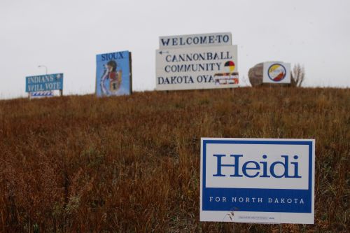 Signs for Senator Heidi Heitkamp are everywhere at Standing Rock - photograph by C.S. Hagen