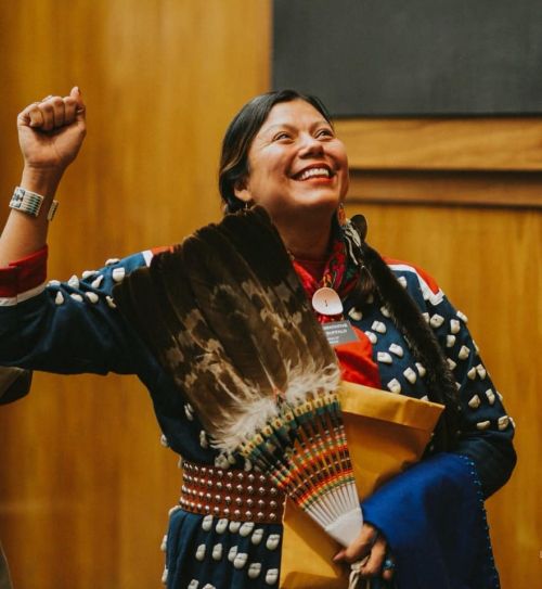 Ruth Buffalo in traditional attire at North Dakota state capitol - Facebook picture