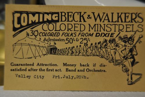 Beck and Walkers Colored Minstrels ticket from Barnes County Museum - photograph by C.S. Hagen