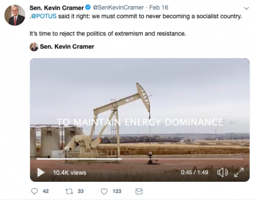 Senator Kevin Cramer's Tweet on February 16, 2019 - Twitter