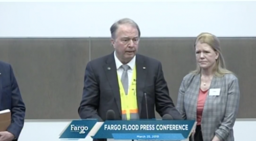 Fargo Mayor Tim Mahoney and Cass County Commissioner Mary Scherling at flood press conference - City of Fargo stream screenshot