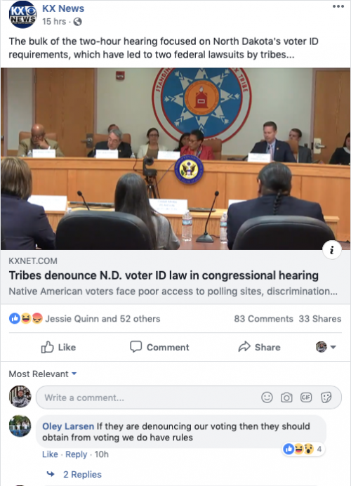 Screenshot of state Senator Oley Larsen's comment on Facebook