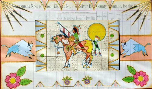 Monte Yellow Bird, Prairie Buffalo Hunter, India ink, colored pencil on an antique Assessment Role School District, Silver Bow County, Montana, c. 1890s, Philadelphia general store ledger