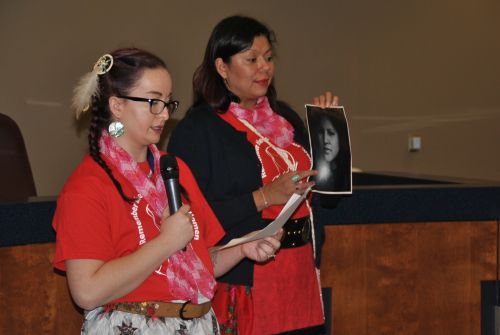 Representative Ruth Buffalo - right - before a MMIW march in Fargo 2018 - photograph by C.S. Hagen