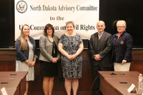 Stephanie Johnson, Michelle Rydz, Kirsten Dauphinais, David Chapman, and Crystal Dueker - members present during the US Commission on Civil Rights meeting - photograph by C.S. Hagen