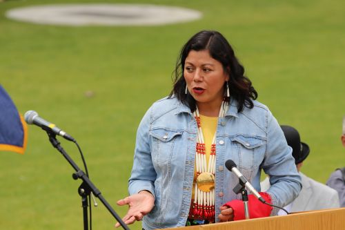 Fargo Representative Ruth Buffalo speaking - photograph by C.S. Hagen