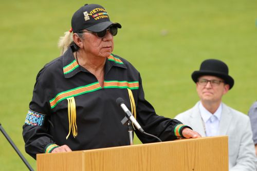 Great grandson of Sitting Bull - Ernie LaPointe - speaking - photograph by C.S. Hagen 