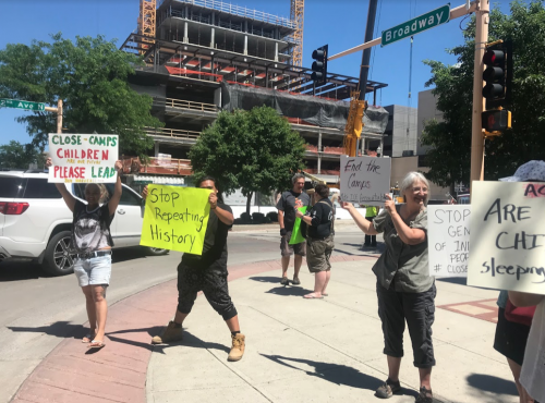 Amanda Vivier, Travon Spears, Kate Lucero, and Loral Hannaher  protesting concentration camps along southern border - photograph by Melissa Gonzalez