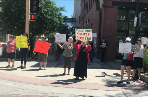 Protestors outside Senator John Hoeven's office - photograph by Melissa Gonzalez